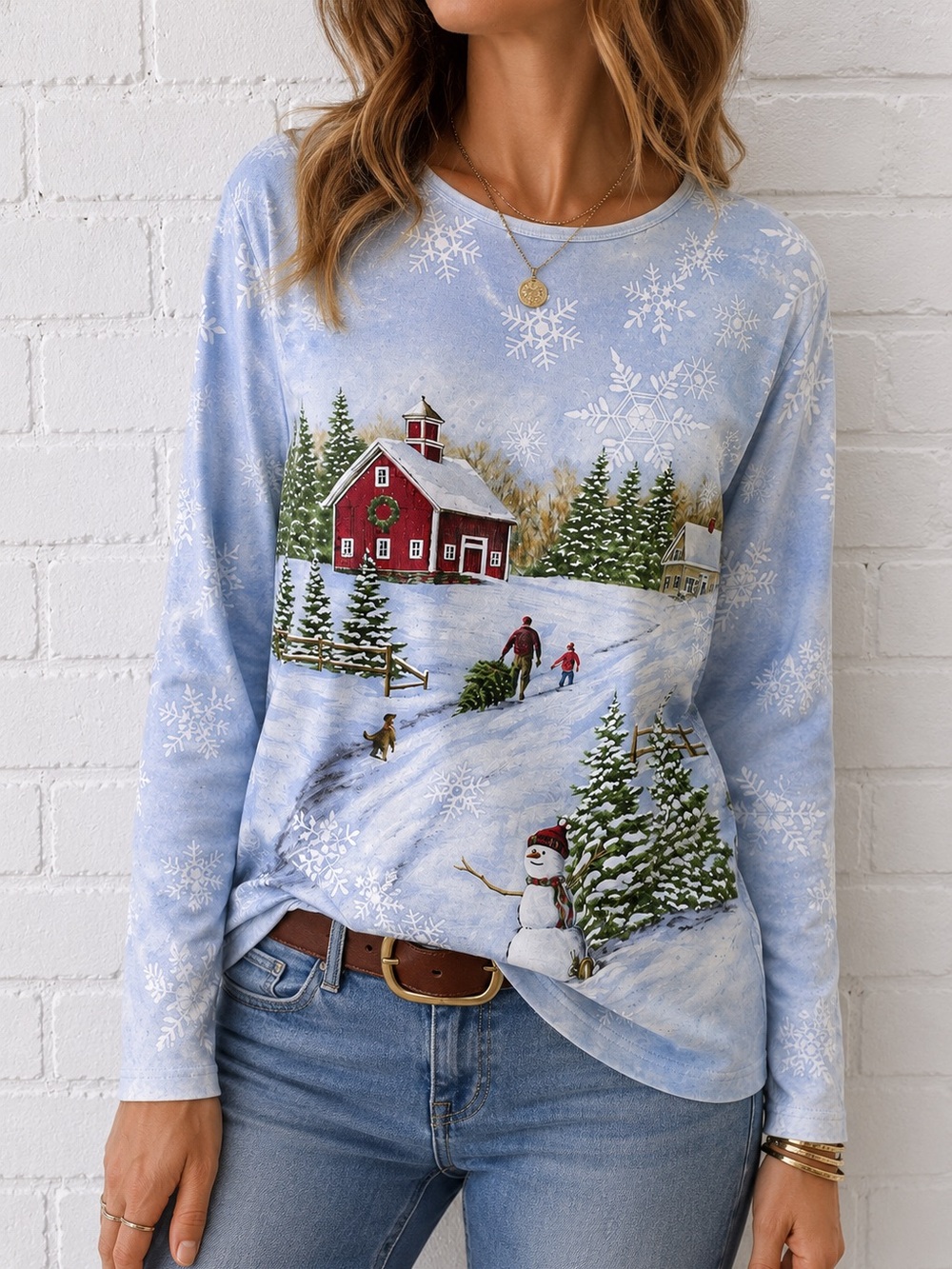 Studio Collections Winter Snow Scene Christmas Cotton Long Sleeve Shirt S